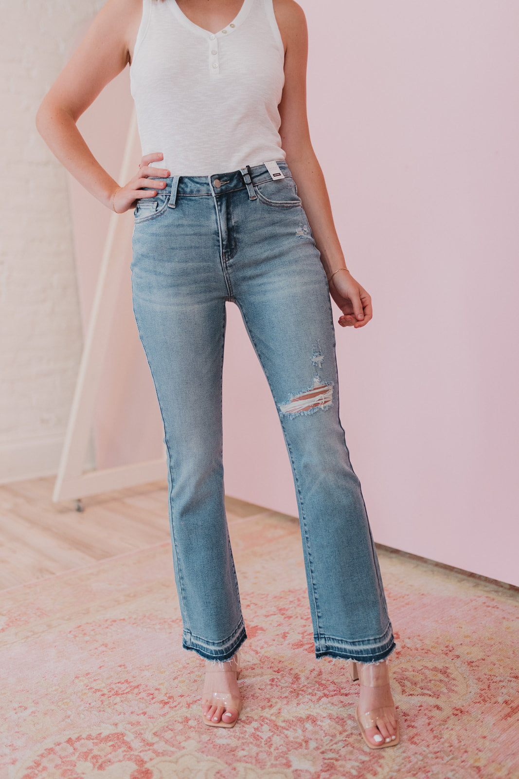 Judy Blue Mid Rise Bootcut Distressed Hem Jeans Shop Allure Fashions