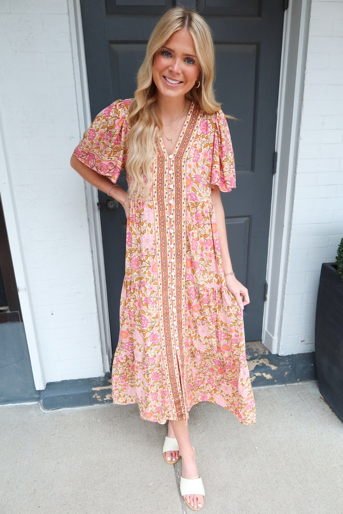 boho tiered midi dress Women's Boho Flutter Sleeve V-Neck Tiered Midi Dress - Summer Vacation Wrap Dress With Tie Waist